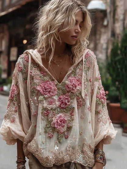 Vintage Floral Embroidery Warm V-Neck Hoodie