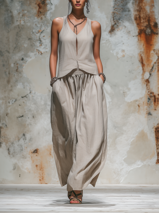 Beige Linen Sleeveless Top and Wide-Leg Pants Set