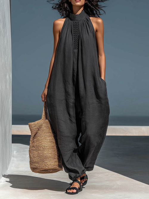 Stand-Up Collar Sleeveless Casual Loose Cotton and Linen Wide-Leg Jumpsuit