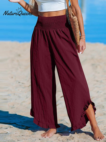 High-Waist Pleated Irregular Hem Cotton and Linen Loose Casual Pants