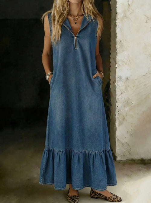 Fashion Design Sleeveless Ruffled Denim Skirt