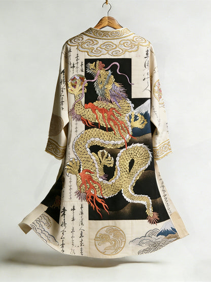 Japanese Calligraphy Dragon Art Combined in a Linen Blend Kimono