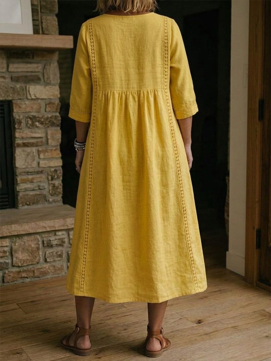Casual Loose-Fitting Patchwork Lace Trim Linen and Cotton Dress