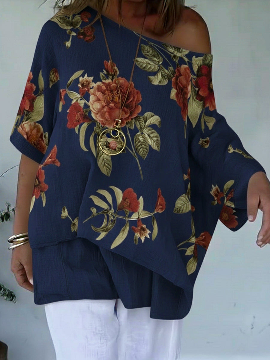 Loose and Cozy Floral Print Linen and Cotton Top