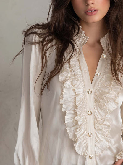 Retro-Style Ruffled Placket Polyester Satin Long-Sleeved Blouse