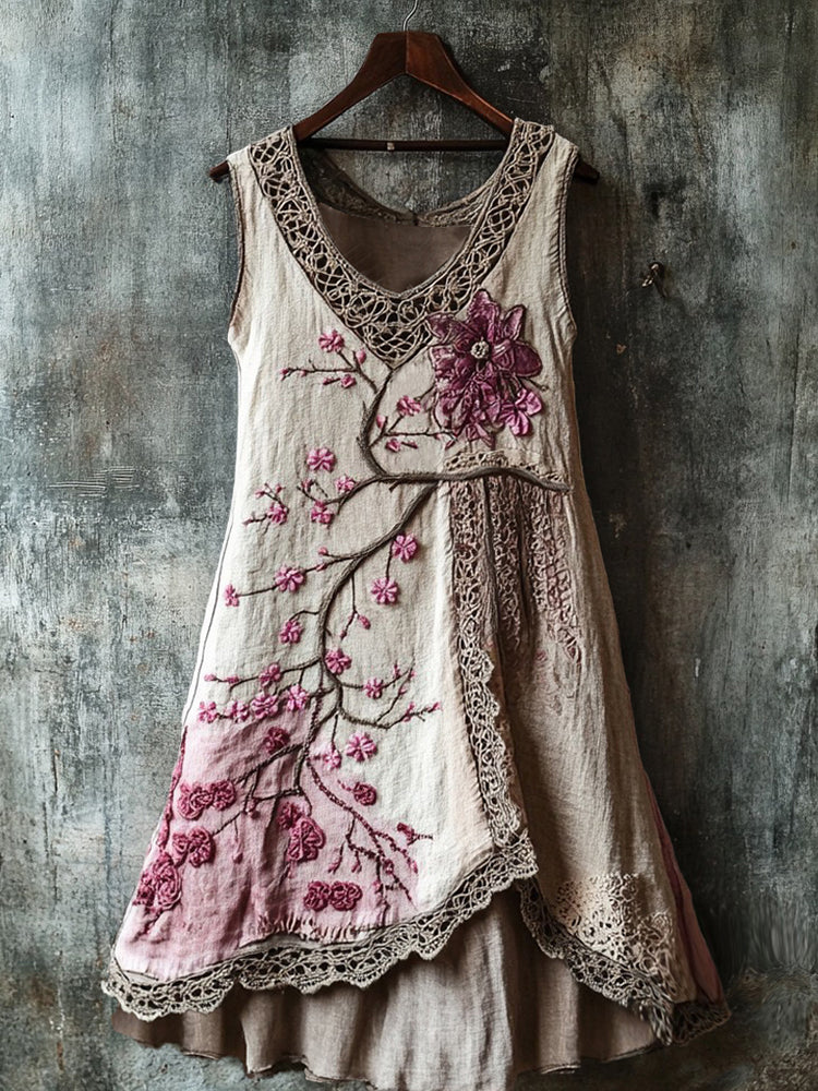 Cherry Blossom Embroidery Lace Patchwork Art Linen Tank Dress
