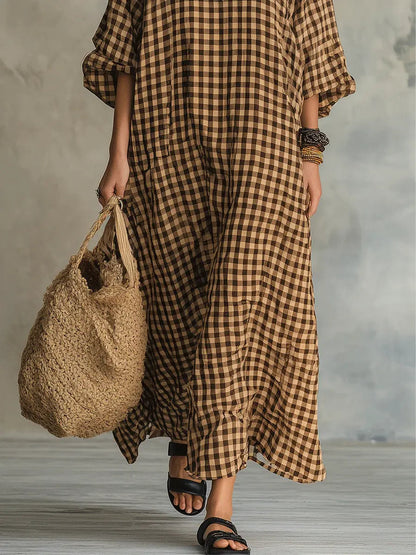Retro Plaid Art Casual Stylish Cotton Linen Maxi Dress