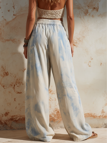 Beige High-Waisted Wide-Leg Pants with Elastic Waistband