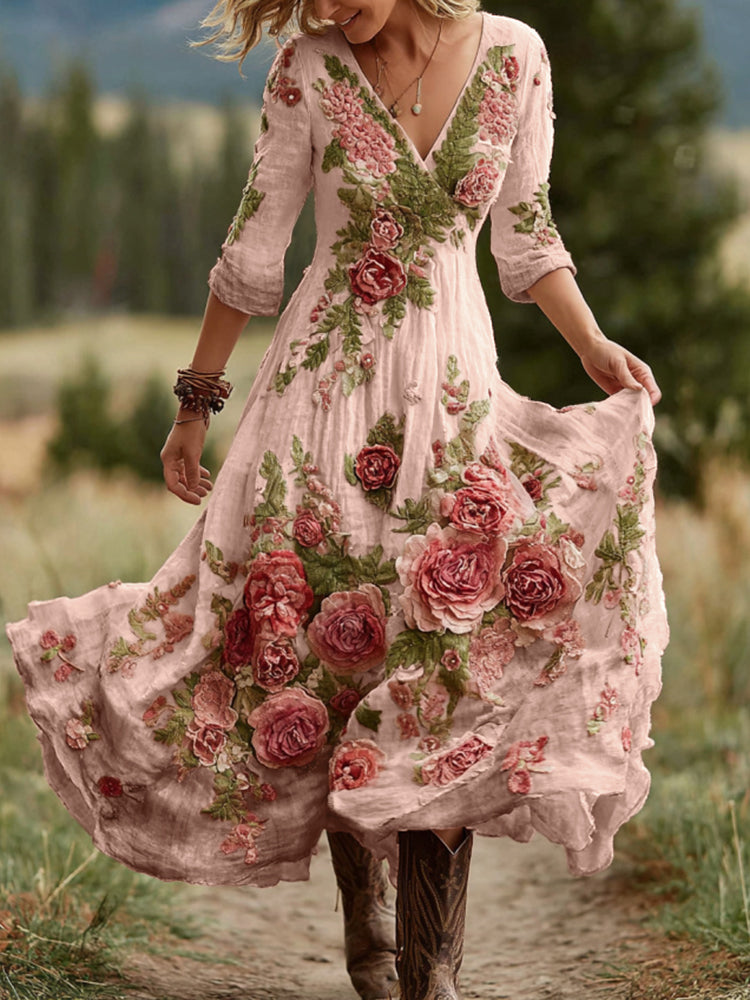 Vintage Rose Floral Art V-Neck Linen Blend Comfy Maxi Dress