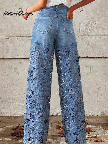 Mid Waist Buttoned Lace Patchwork Jeans