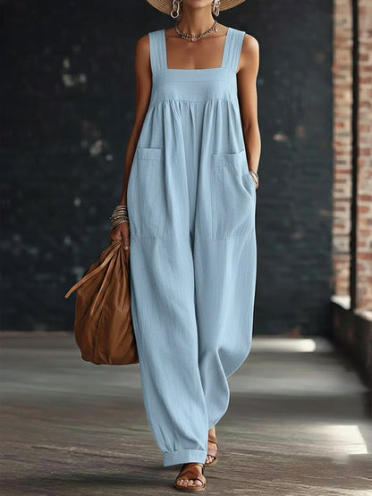 Casual Linen and Cotton Sleeveless Jumpsuit