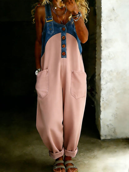 Casual One Piece Denim Denim Patchwork Jumpsuit