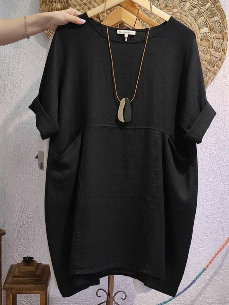 Linen and Cotton Round-Neck Dress