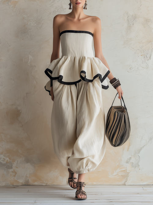 Strapless Ruffle Peplum Top and Harem Pants Set | Linen Boho Two-Piece Outfit