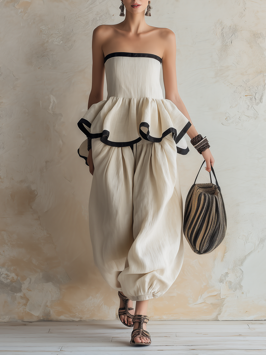 Strapless Ruffle Peplum Top and Harem Pants Set | Linen Boho Two-Piece Outfit