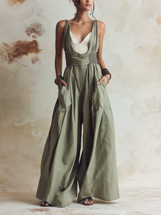 Olive Green Smocked Waist Wide-Leg Linen Jumpsuit with Pockets