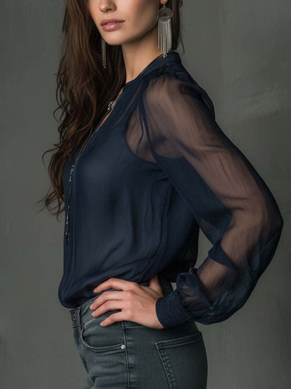 Sheer Chiffon Zip-Front Blouse
