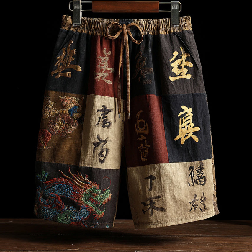 Men's Japanese-Style Linen Casual Shorts with Dragon Pattern and Calligraphy Art