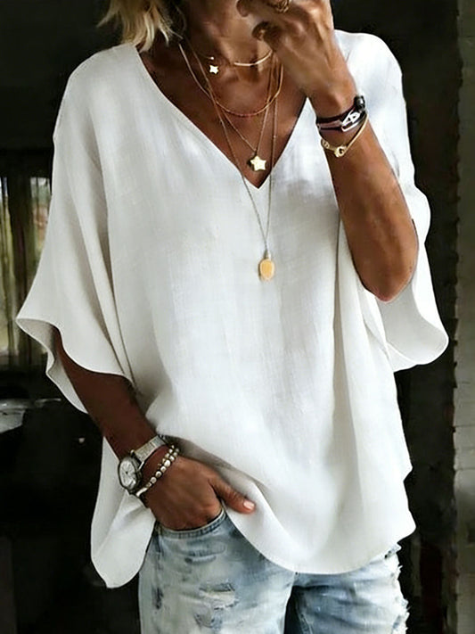 100% Cotton Classic Loose Fit V-Neck Dolman Sleeve T-Shirt