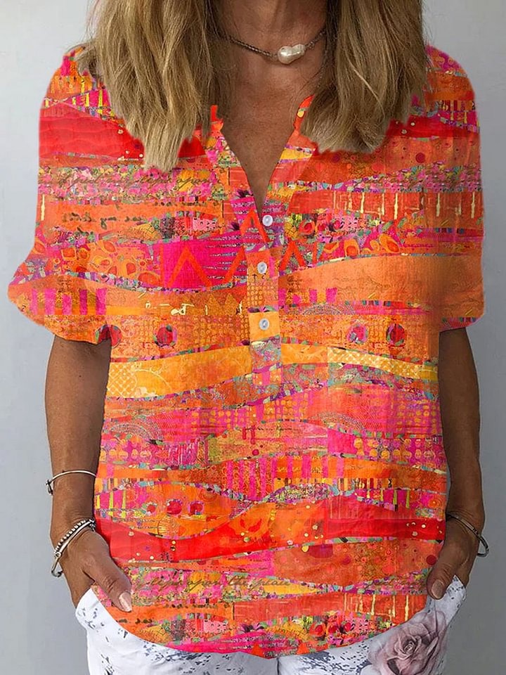 Vintage Art Print Casual Cotton and Linen 3/4-Sleeve Shirt