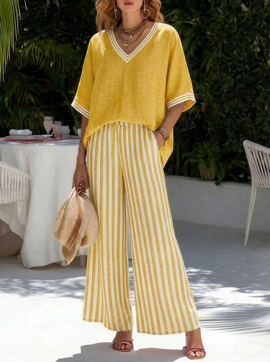 Casual Two-Piece Set: Striped Linen and Cotton Patchwork Top and Striped Trousers with Look Put Together in 5 Seconds