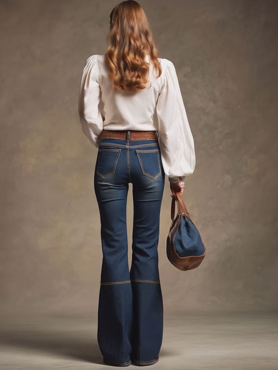 Retro Brown Double-Stitched Navy Jeans