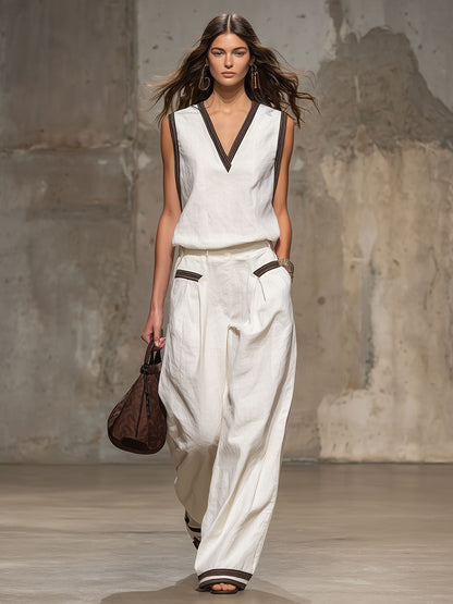Casual Retro Brown-Trimmed White Cotton Linen Sleeveless Top and Pants Set