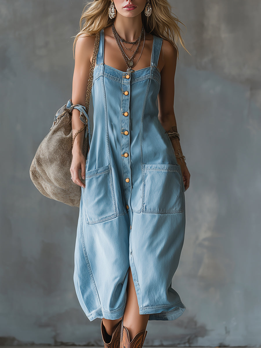 Vintage Elegant Suspender Blue Denim Front Button Square Neck Sleeveless Midi Dress