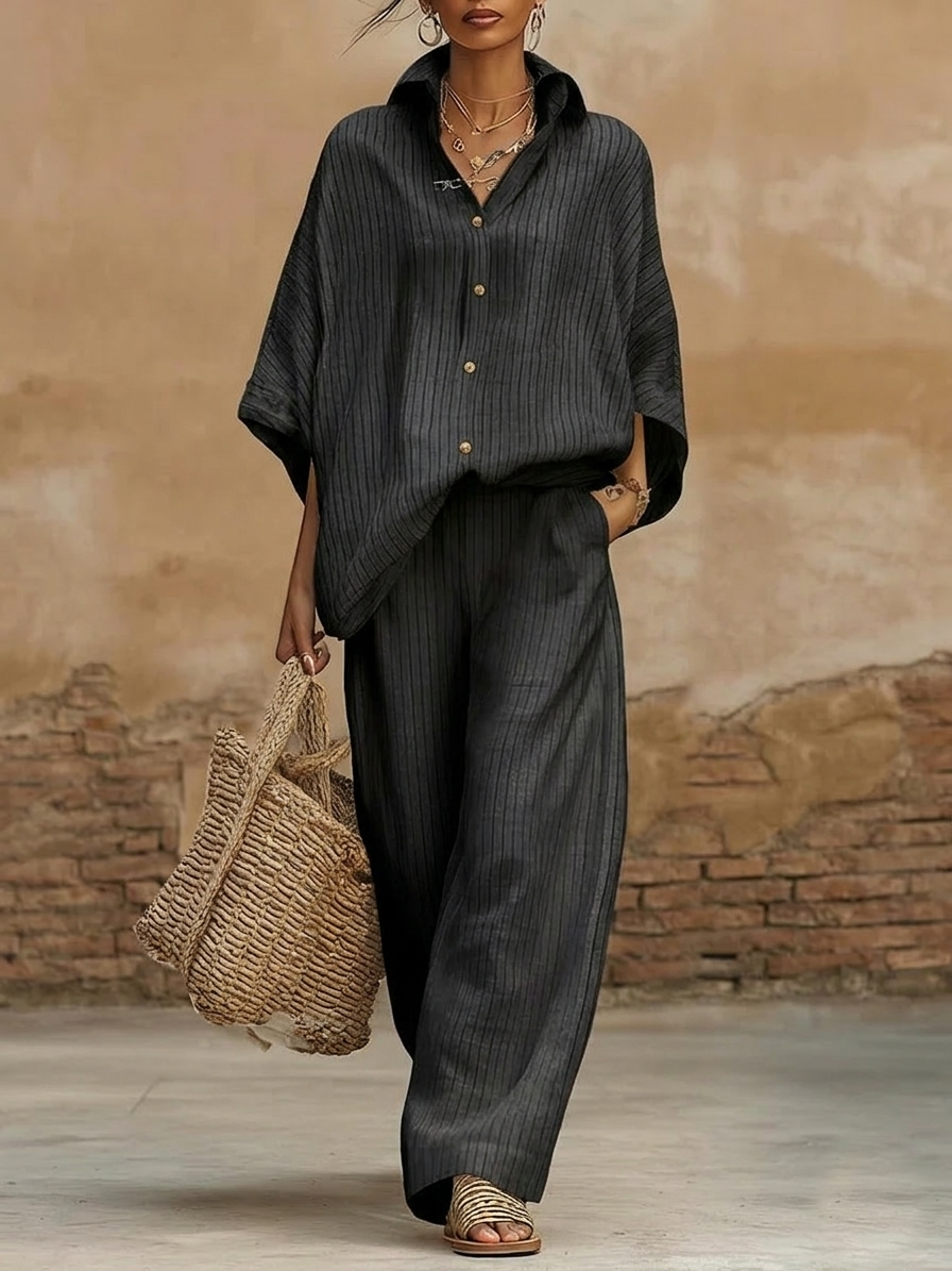 Elegant Classic Striped Shirt and Wide-Leg Pants Two-Piece Set