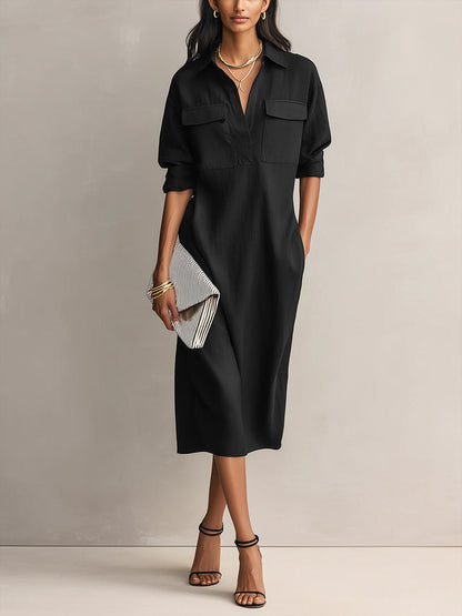 Solid Color Lapel Collar Long-Sleeve Casual Loose Cotton Linen Dress