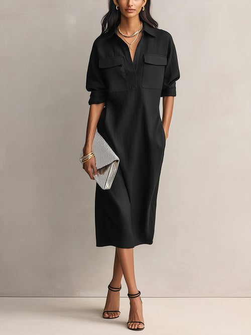 Solid Color Lapel Collar Long-Sleeve Casual Loose Cotton Linen Dress