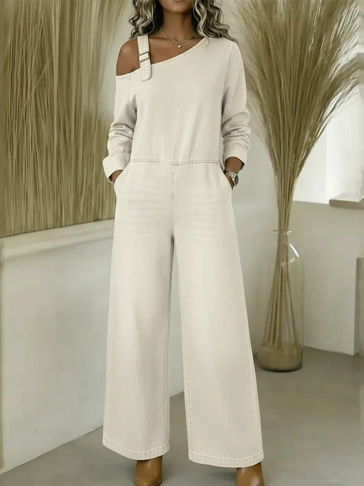 Fashionable Off-the-Shoulder Denim Jumpsuit