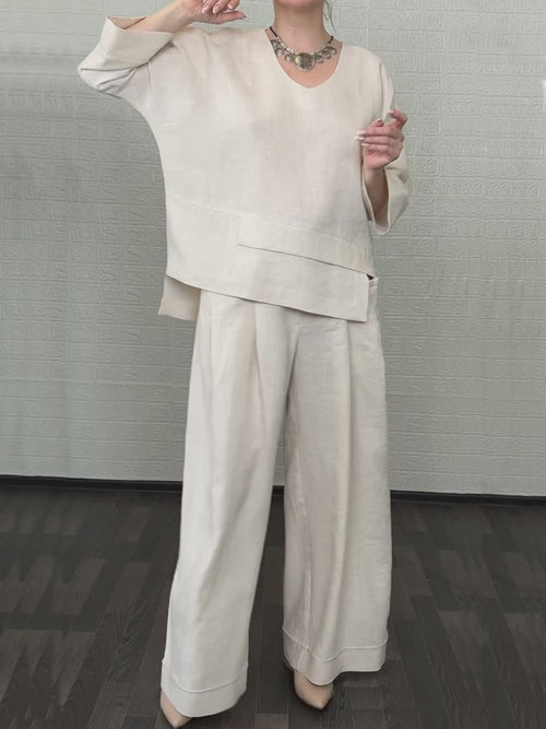Casual Solid Color Irregular Cotton and Linen Shirt and Pats Suit