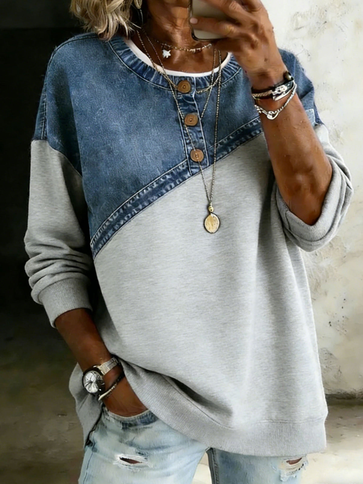 Long-Sleeve Casual Denim-Paneled Hoodie