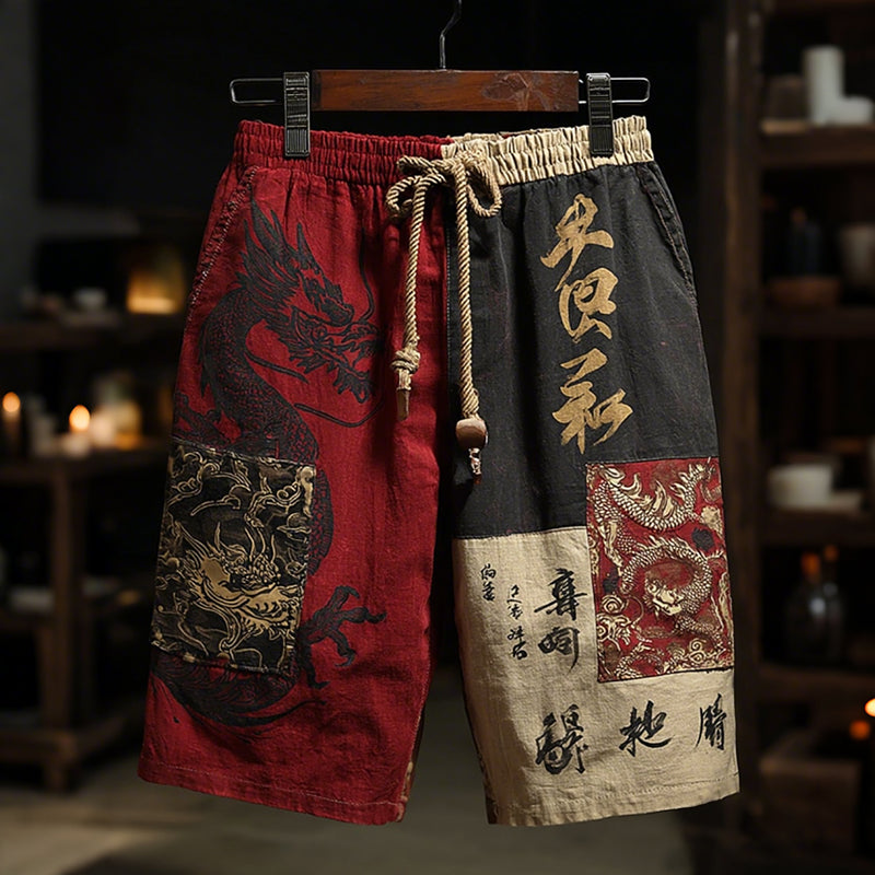 Men's Japanese Dragon Colorblock Art Linen Casual Shorts