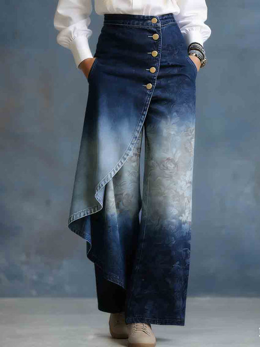 Gradient Rose Stylish Design High-Waisted Relaxed Fit Wide-Leg Jeans