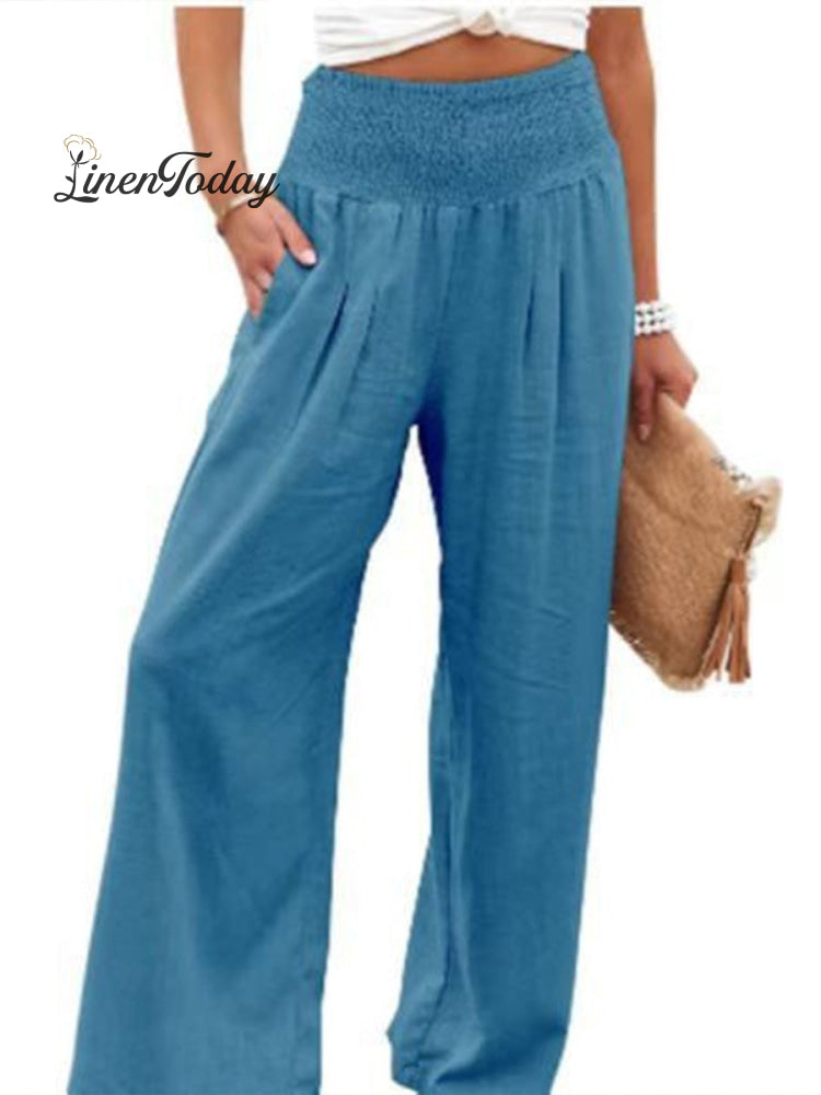 Cotton and Linen Waist-Waisted Wide-Leg Pants