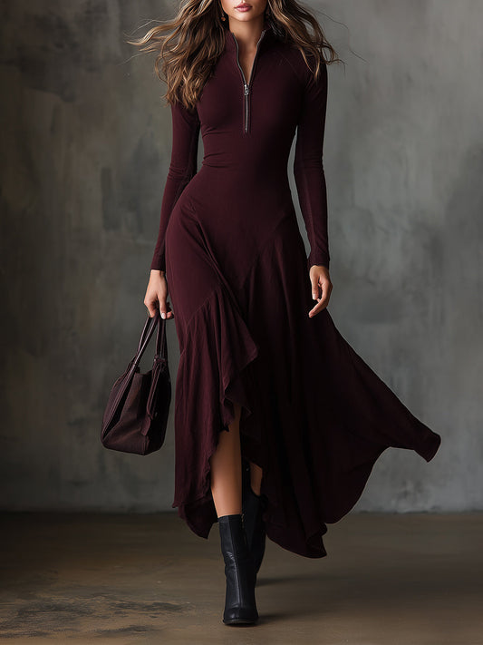 Bohemian Washed Cotton Half-Zip Front Ruffled Asymmetric Hem Maxi Dress