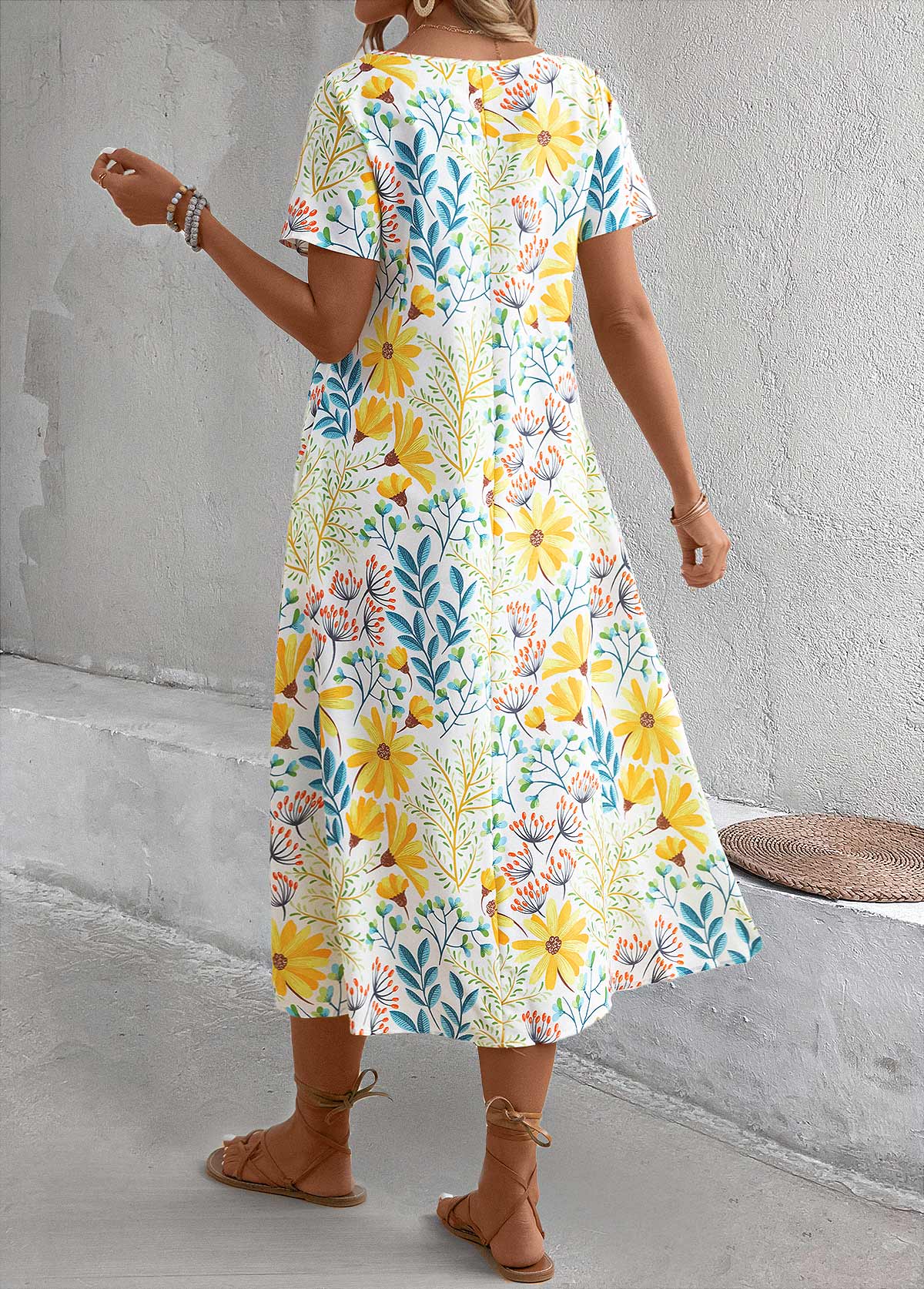 Yellow Pocket Floral Print a Line Short-Sleeve Dress