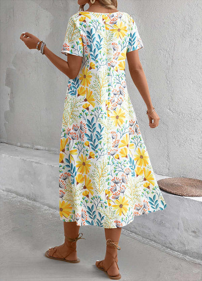 Yellow Pocket Floral Print a Line Short-Sleeve Dress