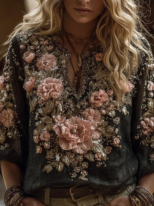 Bohemian Style Pink Flower Casual Long-Sleeve Top
