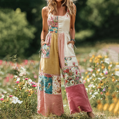 Vintage Floral Patch Art Print Comfy Jumpsuit