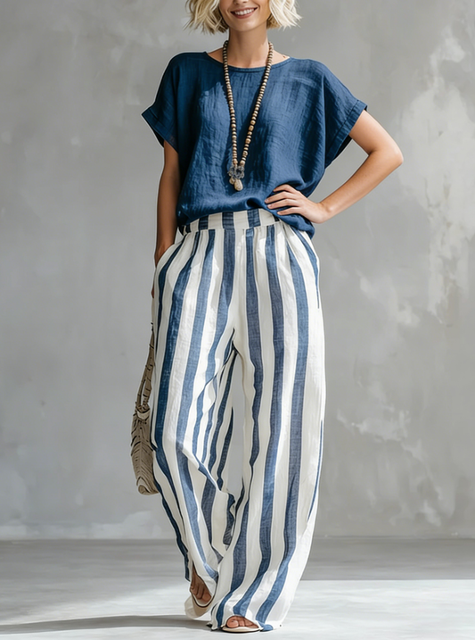 Cozy Loose-Fit Striped Cotton-Linen Two-Piece Set