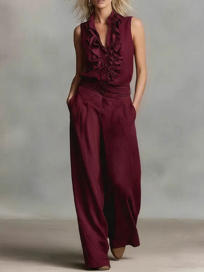 Simple Linen Sleeveless Casual Shirt and Wide-Leg Pants Set