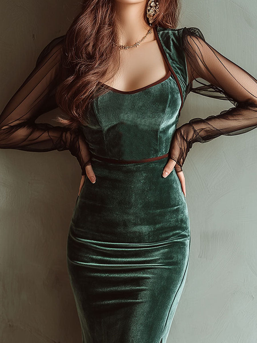 Emerald Velvet Sheer Mesh Sleeves Bodycon Midi Dress with Side Slit
