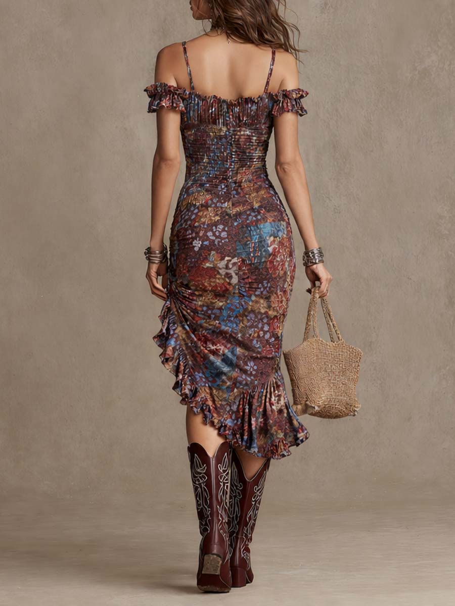 Boho-Chic Floral Ruffle Midi Dress