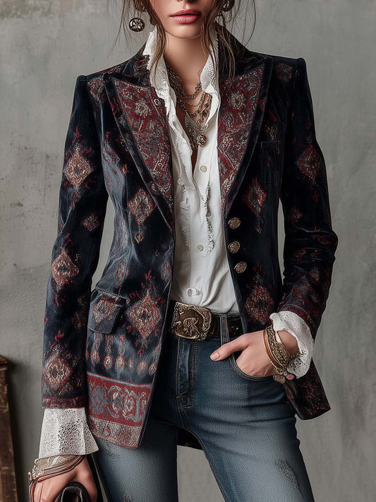Retro Ethnic Print Polyester Velvet Mid-Length Blazer