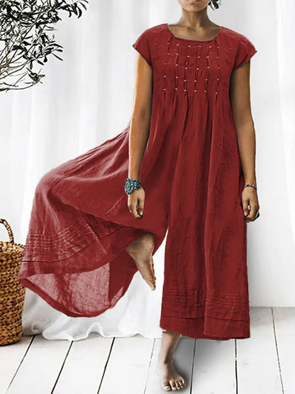 Solid Color Art Casual Short-Sleeve Cotton Linen Jumpsuit