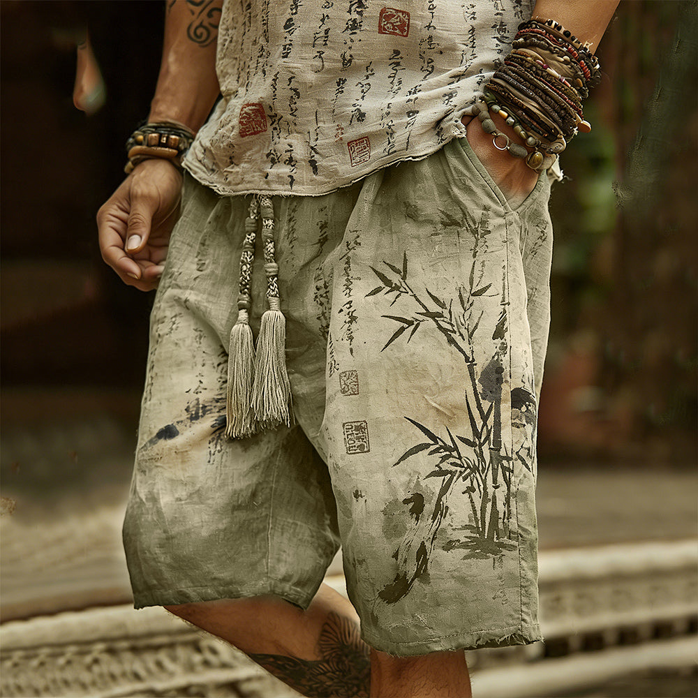 Japanese Art Bamboo Forest Ink Dyeing Art Tie-Dye Shorts