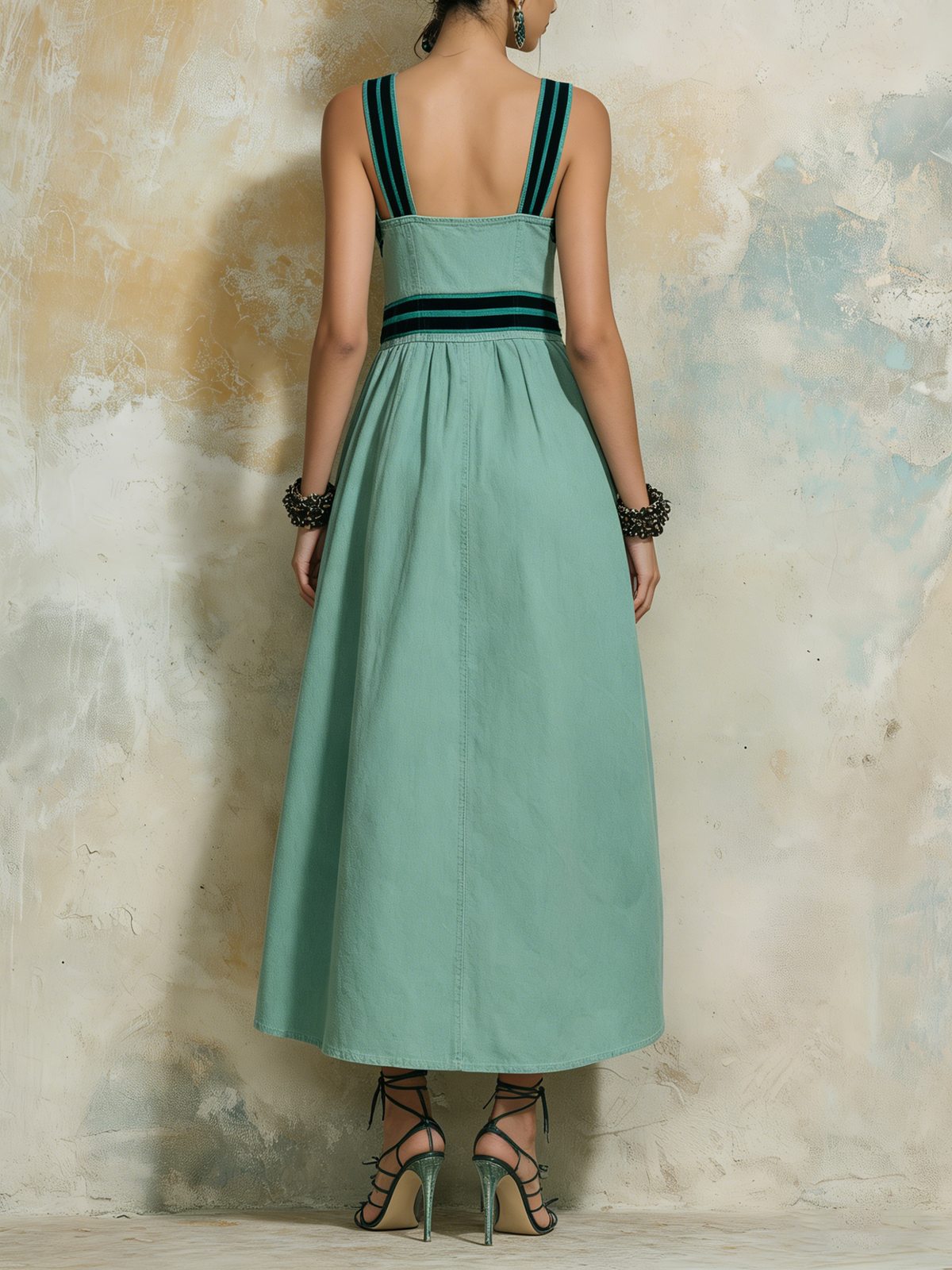 Mint Green Denim Square Neck Midi Dress with Contrast Stripes and Pockets